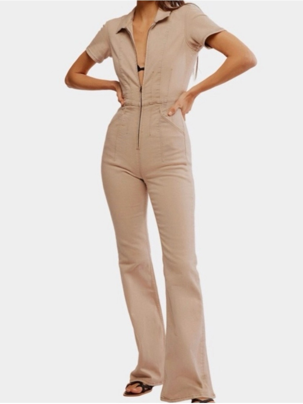 We The Free Beige Short-Sleeve Front-Zip Jumpsuit